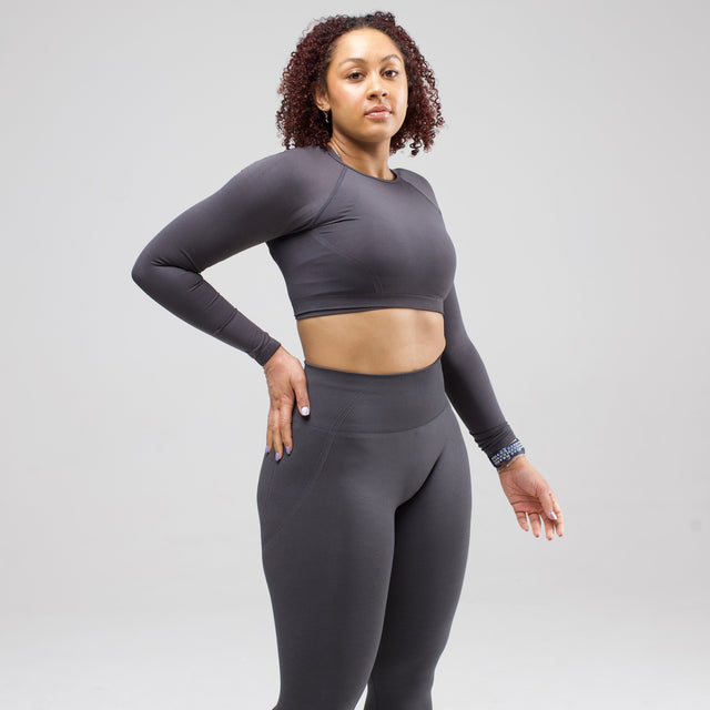charcoal grey long sleeve crop top