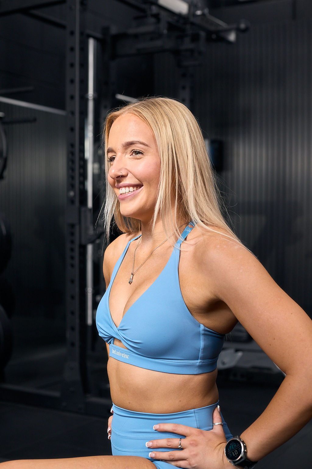 Blue Front Twist Performance Sports Bra